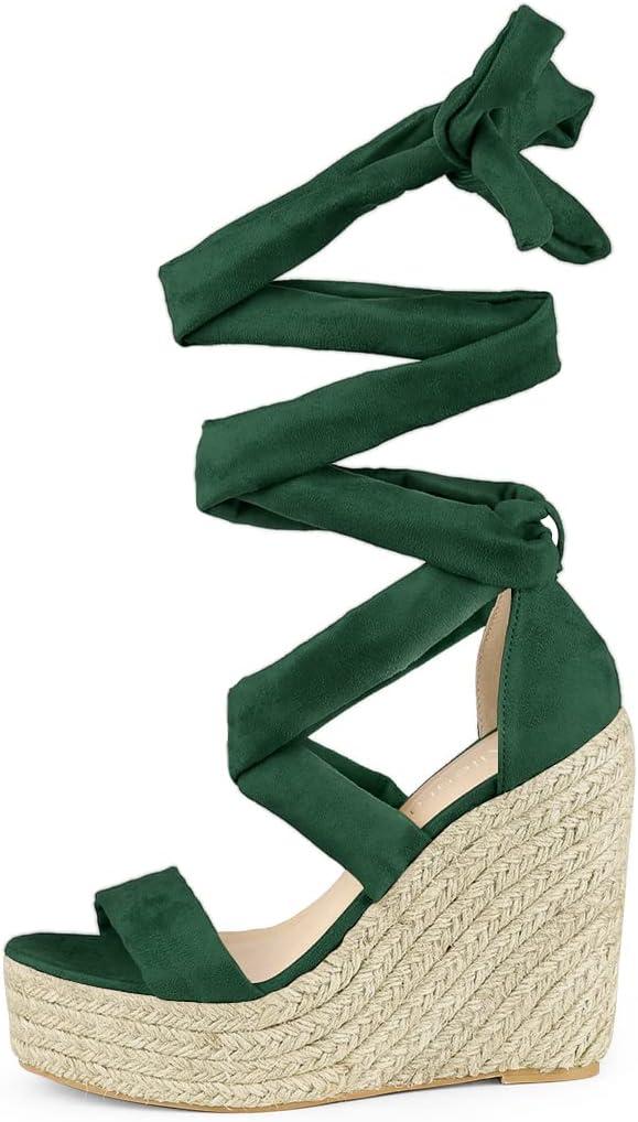 imageAllegra K Womens Espadrilles Platform Sandals Lace Up Open Toe Wedges HeelsGreen