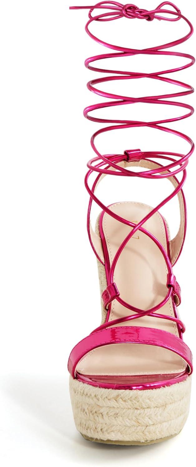 imageAllegra K Womens Espadrilles Platform Wedges Heel Lace Up SandalsHot Pink