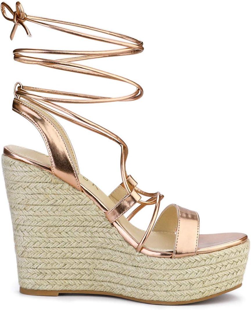 imageAllegra K Womens Espadrilles Platform Wedges Heel Lace Up SandalsRose Gold