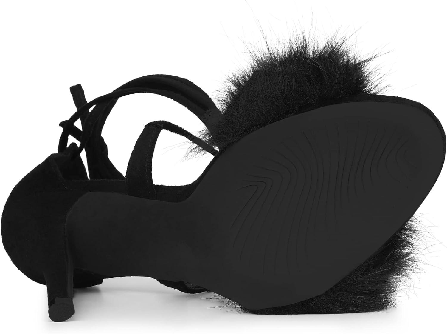 imageAllegra K Womens Faux Fur Stiletto Heel Lace Up Heels SandalsBlack