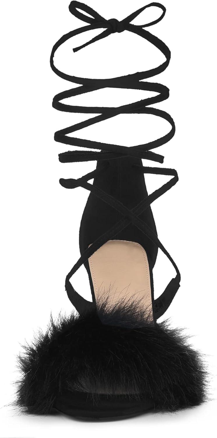 imageAllegra K Womens Faux Fur Stiletto Heel Lace Up Heels SandalsBlack