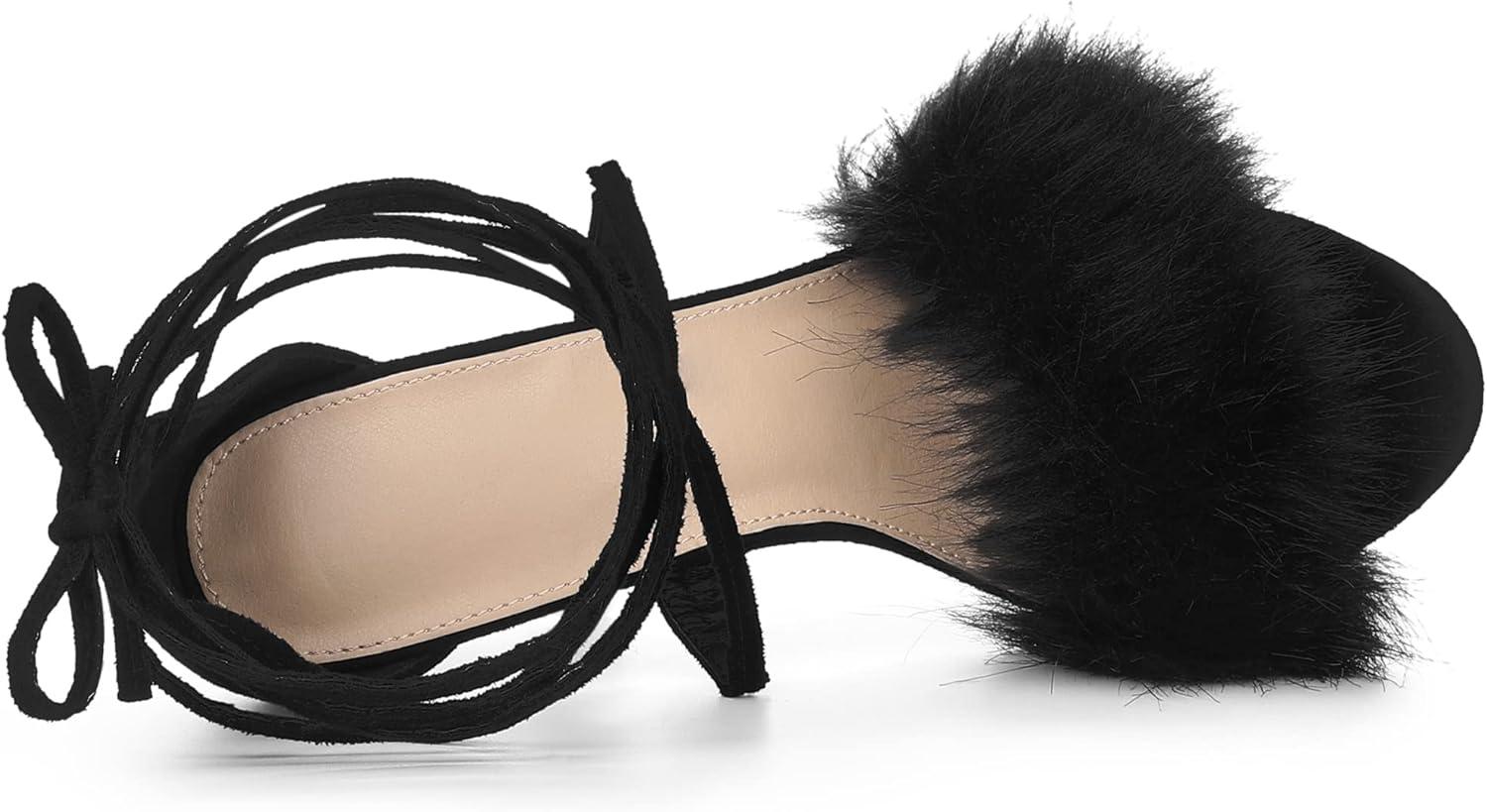 imageAllegra K Womens Faux Fur Stiletto Heel Lace Up Heels SandalsBlack