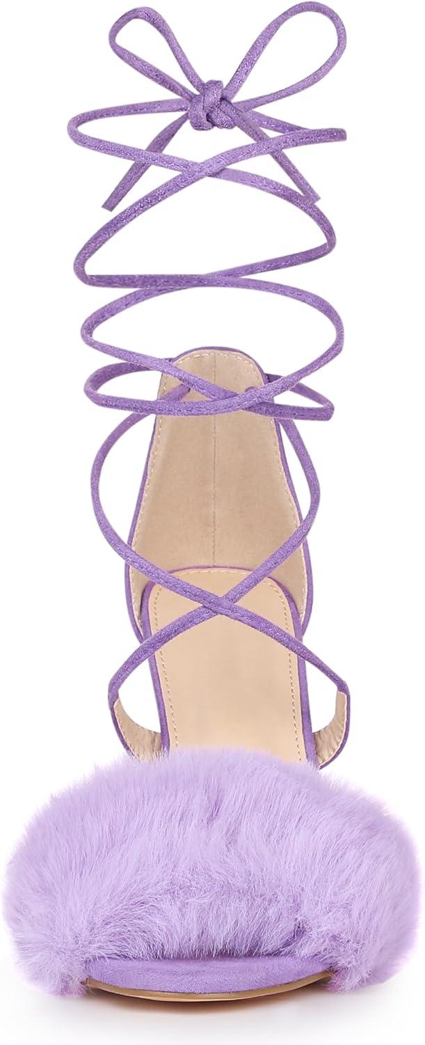 imageAllegra K Womens Faux Fur Stiletto Heel Lace Up Heels SandalsPurple