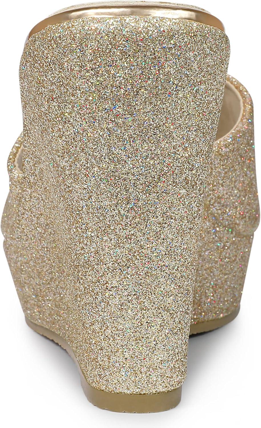 imageAllegra K Womens Glitter Platform Slip on Wedge Heels SandalsGold