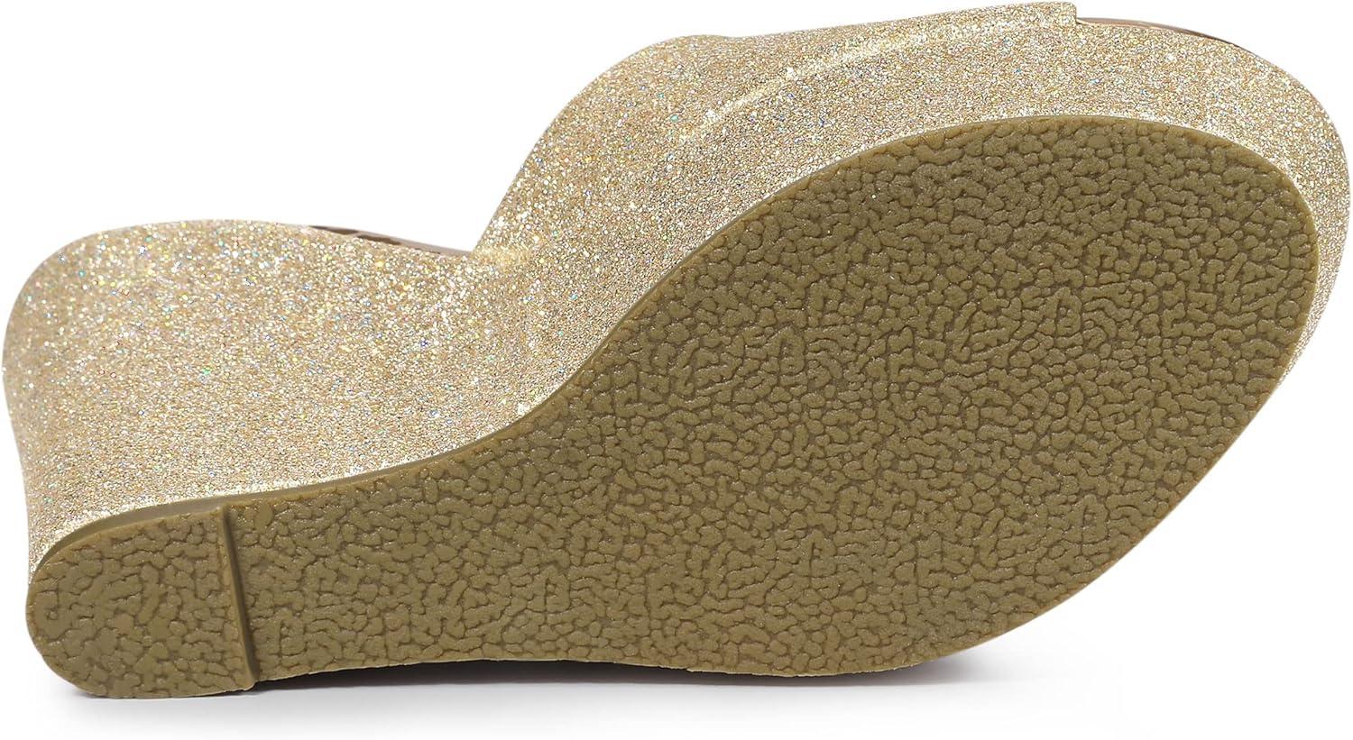 imageAllegra K Womens Glitter Platform Slip on Wedge Heels SandalsGold