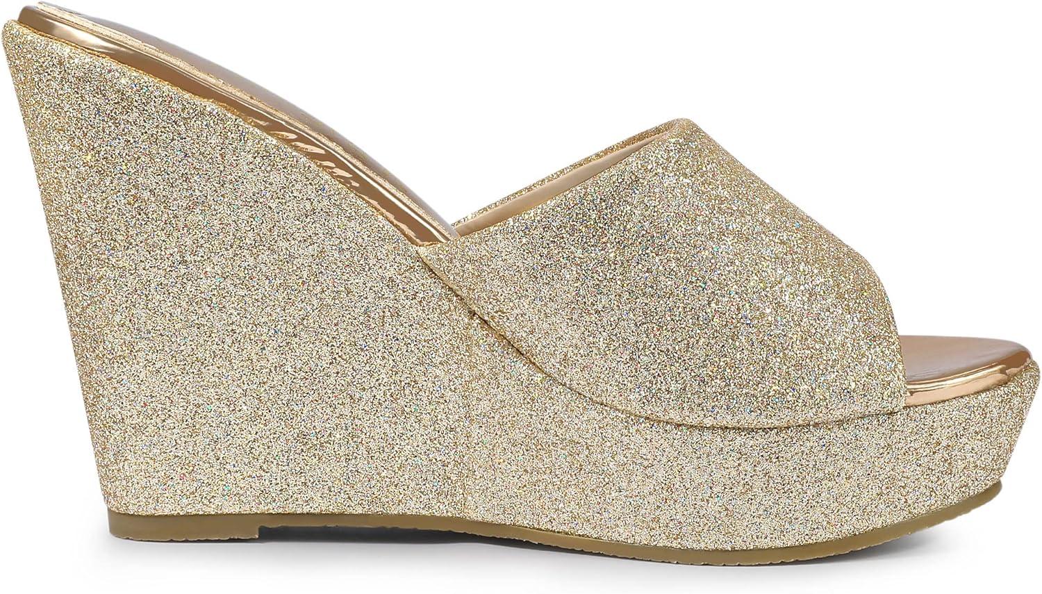 imageAllegra K Womens Glitter Platform Slip on Wedge Heels SandalsGold