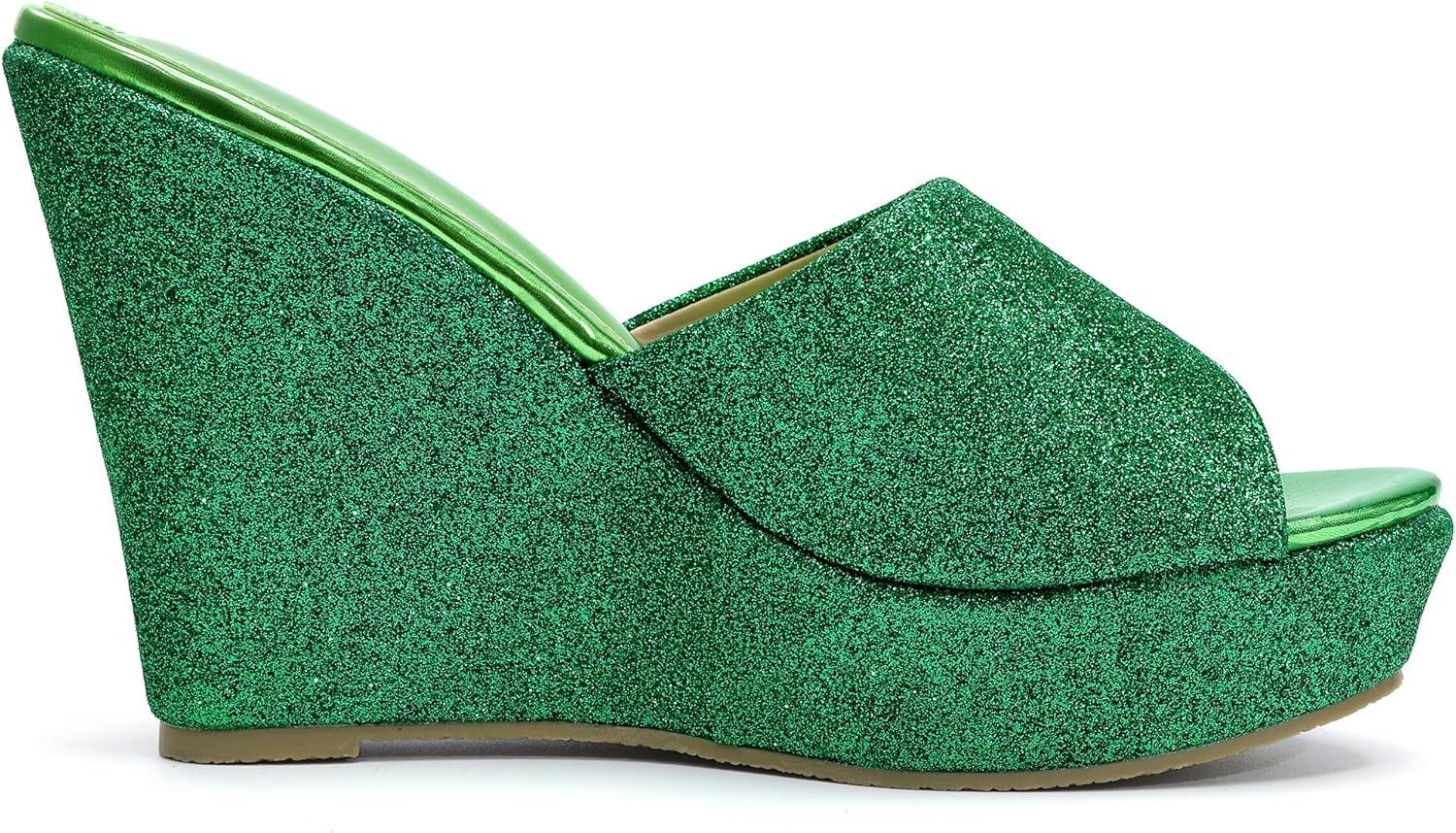 imageAllegra K Womens Glitter Platform Slip on Wedge Heels SandalsGreen