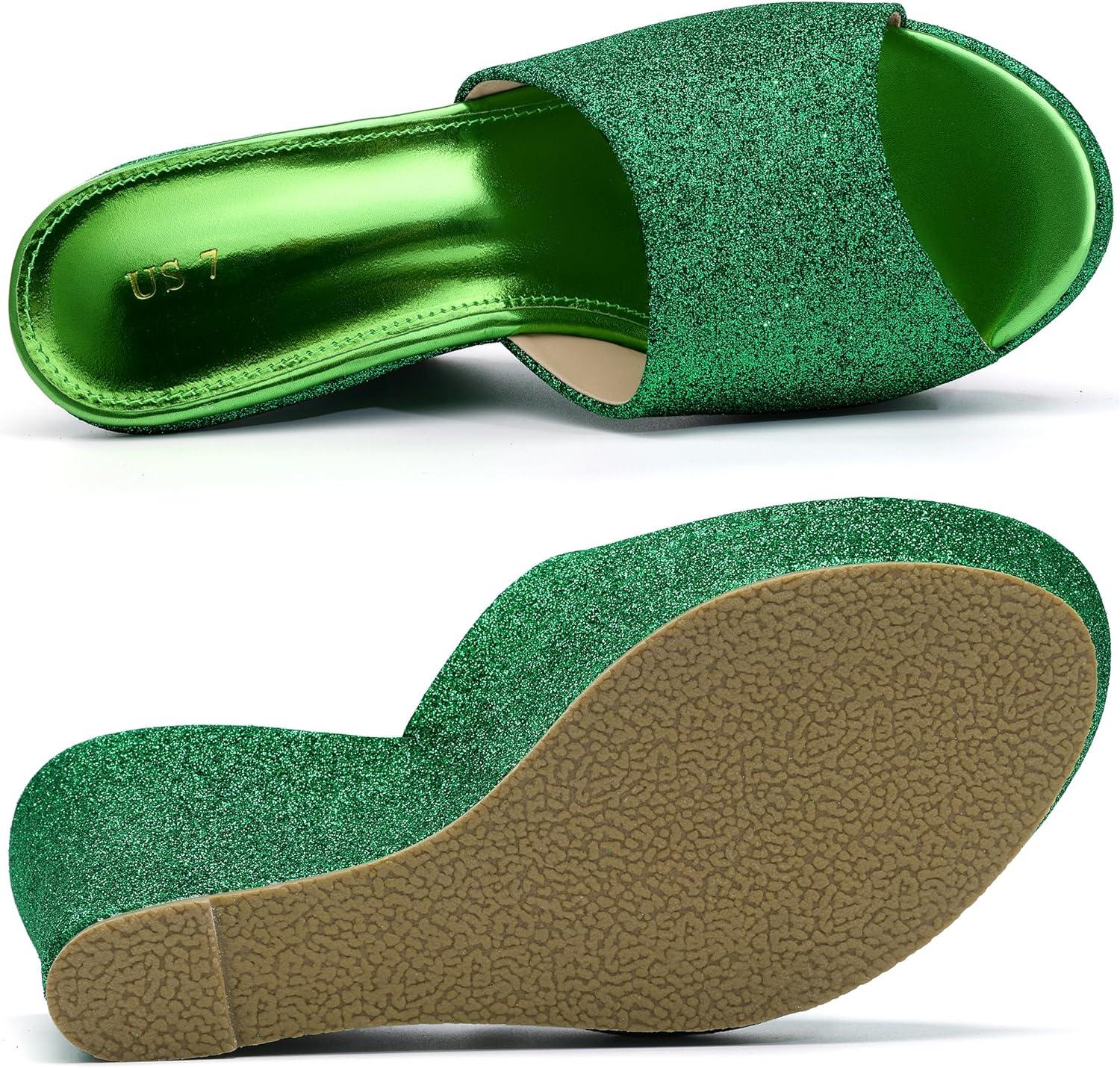 imageAllegra K Womens Glitter Platform Slip on Wedge Heels SandalsGreen