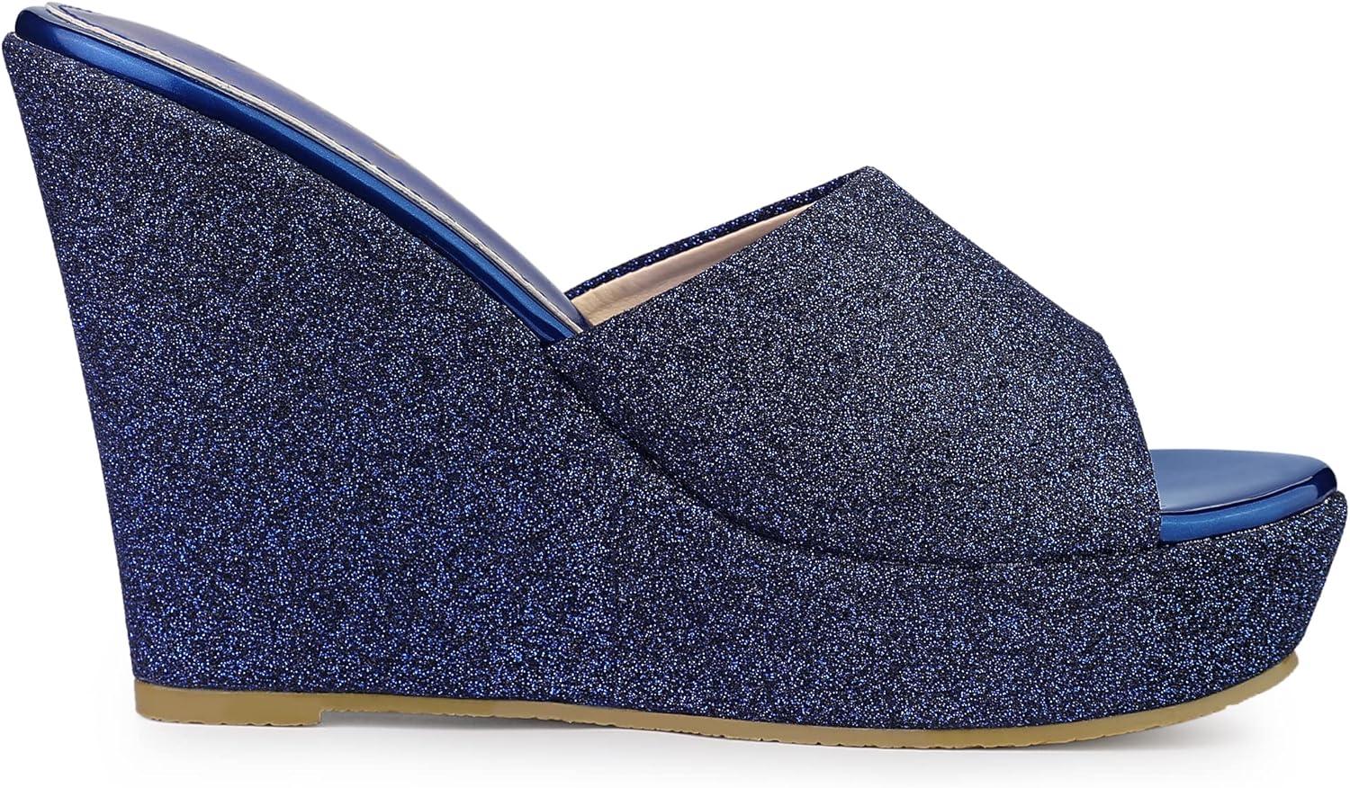 imageAllegra K Womens Glitter Platform Slip on Wedge Heels SandalsNavy Blue