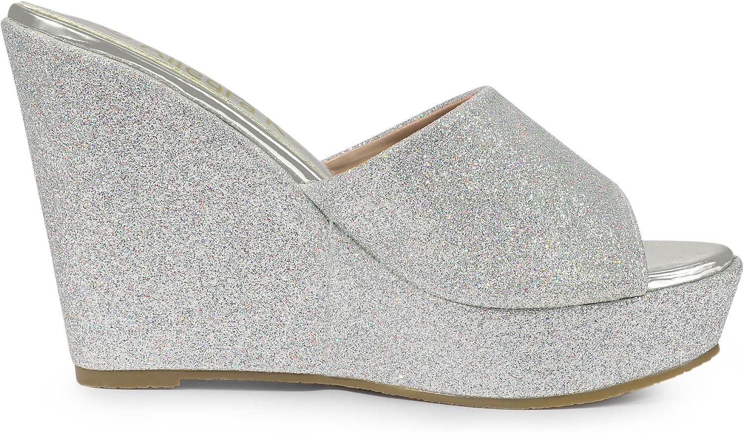 imageAllegra K Womens Glitter Platform Slip on Wedge Heels SandalsSilver