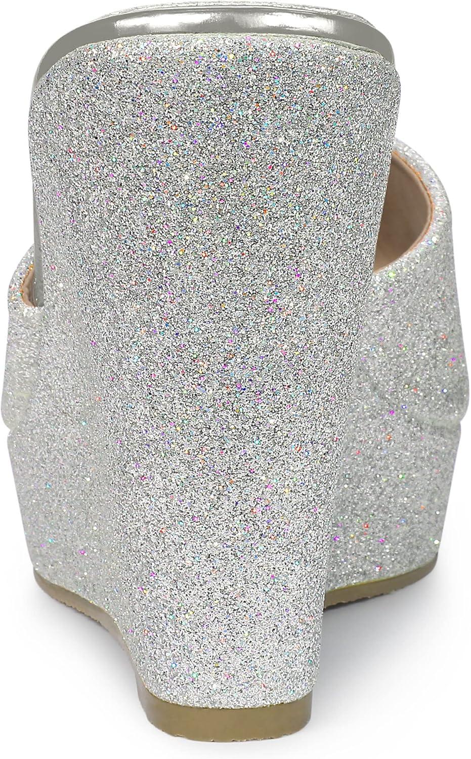 imageAllegra K Womens Glitter Platform Slip on Wedge Heels SandalsSilver
