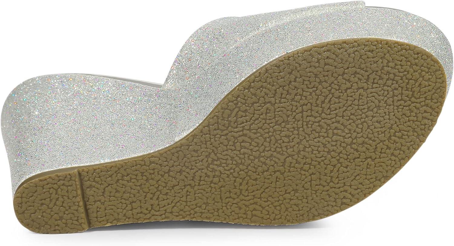 imageAllegra K Womens Glitter Platform Slip on Wedge Heels SandalsSilver