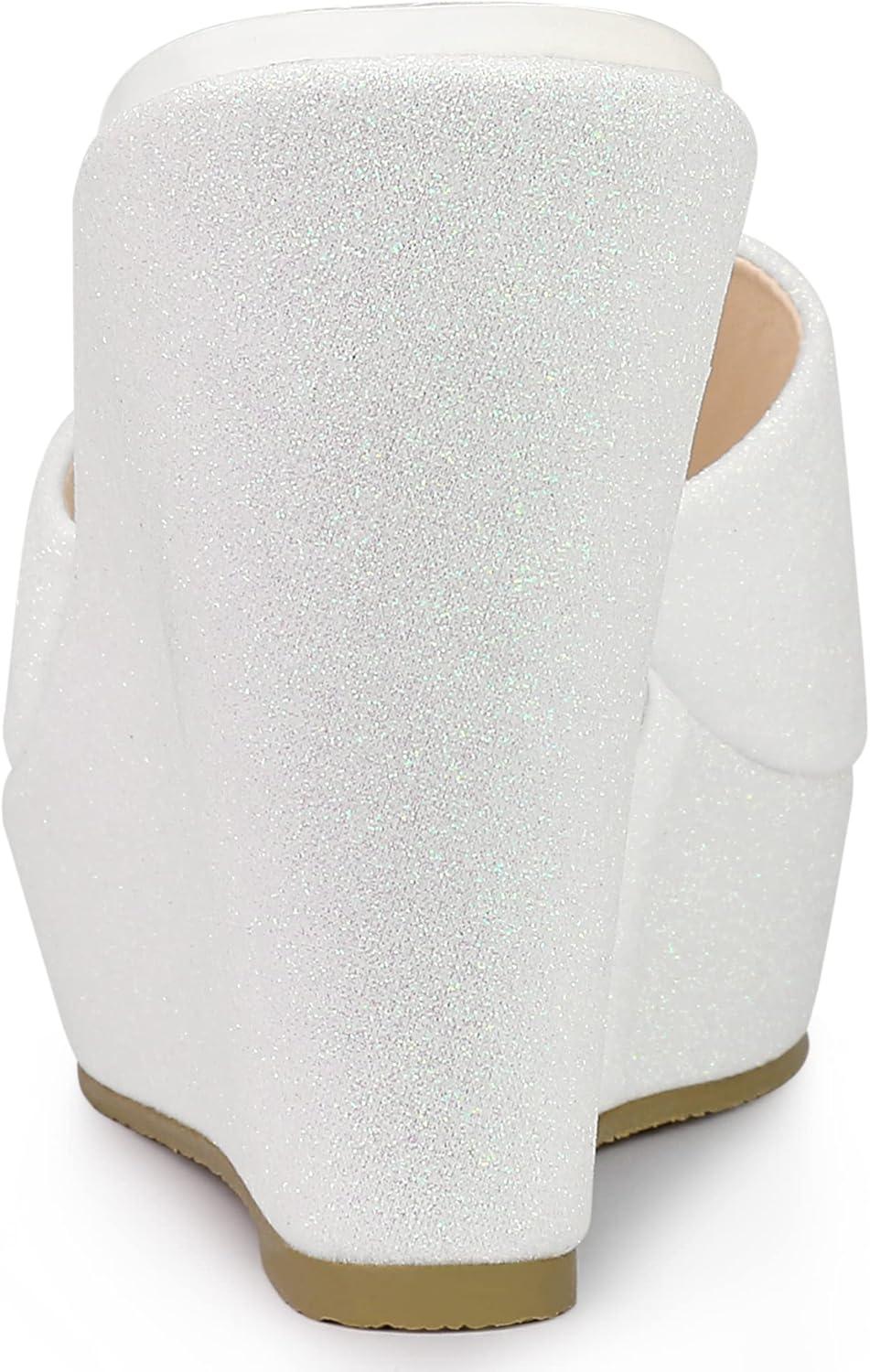 imageAllegra K Womens Glitter Platform Slip on Wedge Heels SandalsWhite