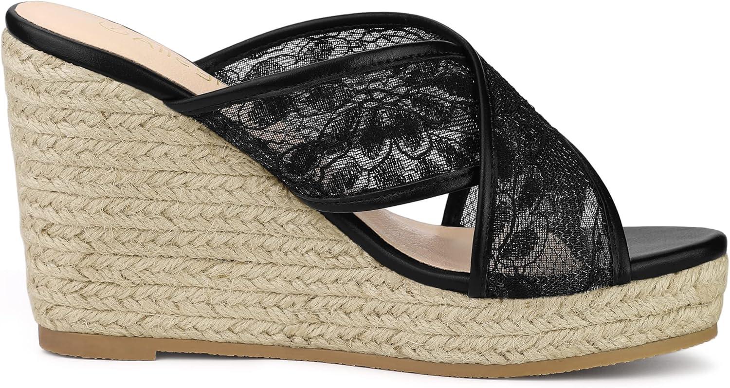 imageAllegra K Womens Lace Crisscross Strap Slide Wedges Wedge Espadrilles SandalsBlack