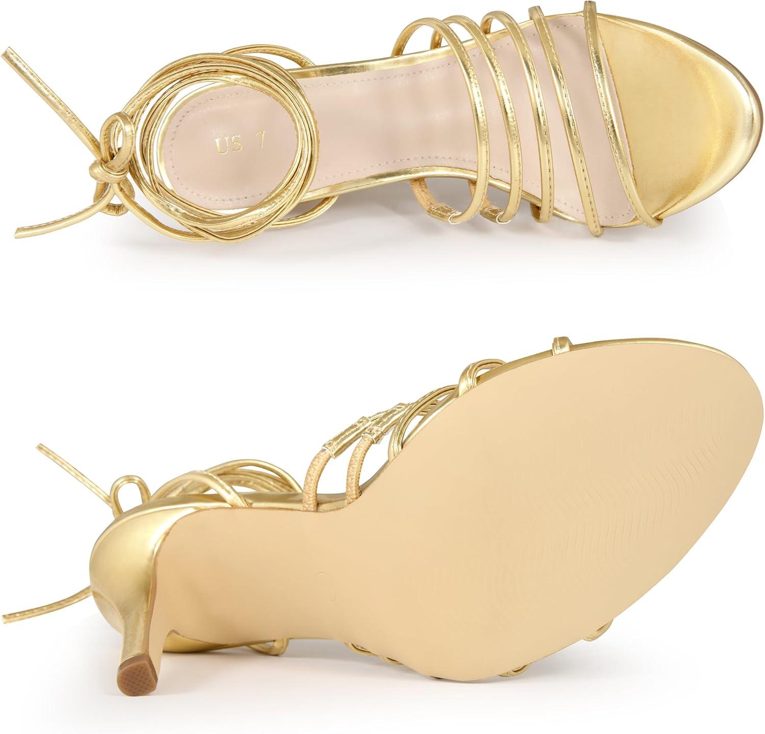 imageAllegra K Womens Lace Up Stiletto Heel Strappy SandalsGold