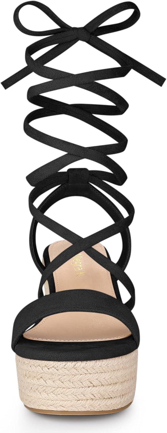 imageAllegra K Womens Lace Up Wedge Heel Slingback Platform Strappy SandalsBlack
