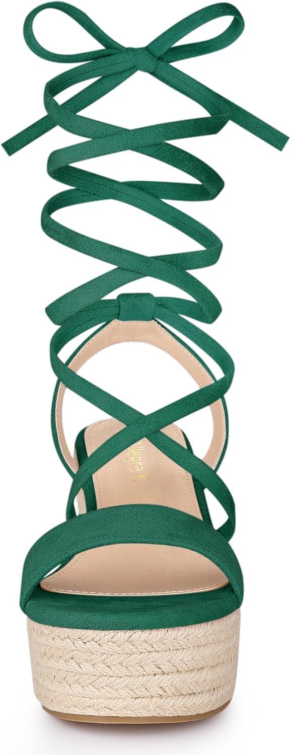imageAllegra K Womens Lace Up Wedge Heel Slingback Platform Strappy SandalsDark Green