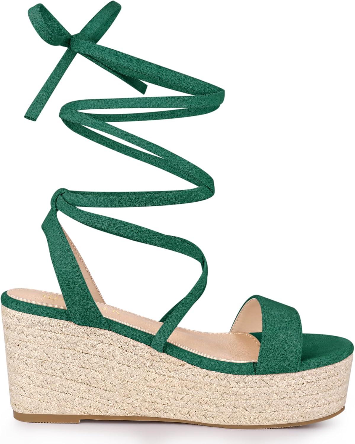 imageAllegra K Womens Lace Up Wedge Heel Slingback Platform Strappy SandalsDark Green