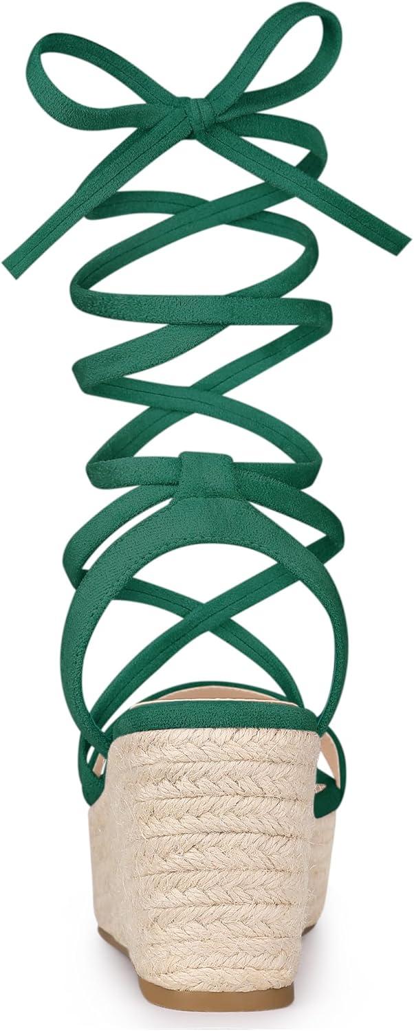 imageAllegra K Womens Lace Up Wedge Heel Slingback Platform Strappy SandalsDark Green