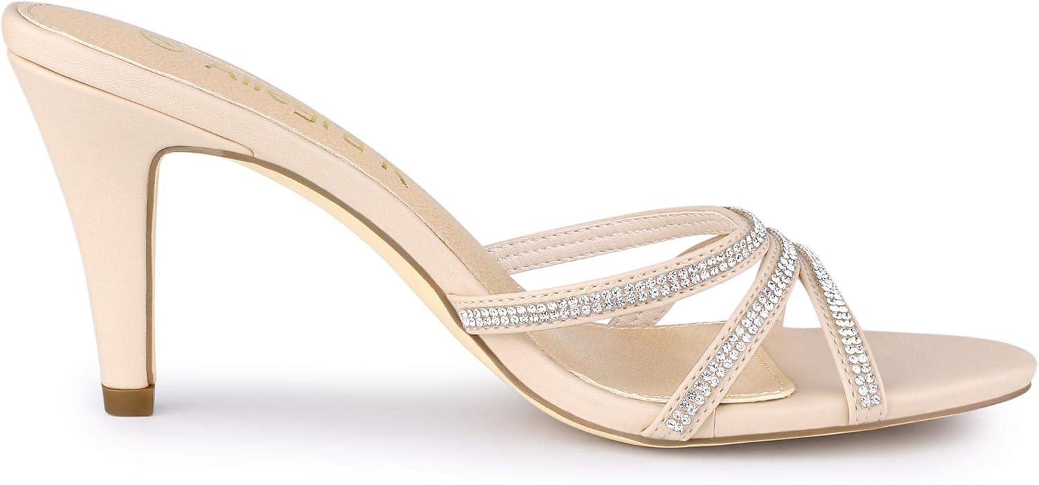 imageAllegra K Womens Open Toe Rhinestone Strappy Stiletto Heels Sandals Slip On Slip On MulesBeige