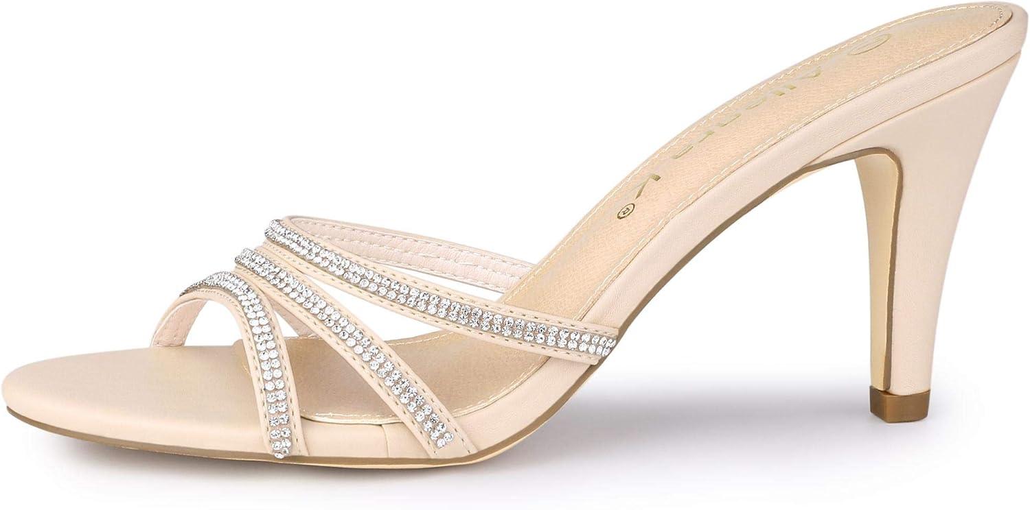 imageAllegra K Womens Open Toe Rhinestone Strappy Stiletto Heels Sandals Slip On Slip On MulesBeige