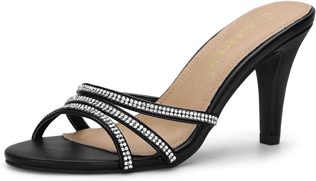 imageAllegra K Womens Open Toe Rhinestone Strappy Stiletto Heels Sandals Slip On Slip On MulesBlack