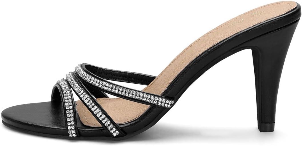 imageAllegra K Womens Open Toe Rhinestone Strappy Stiletto Heels Sandals Slip On Slip On MulesBlack