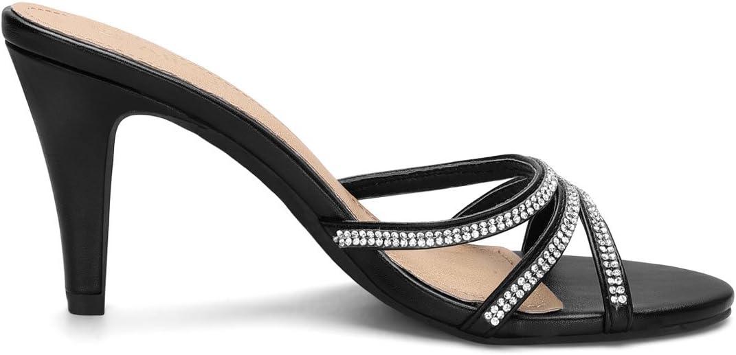 imageAllegra K Womens Open Toe Rhinestone Strappy Stiletto Heels Sandals Slip On Slip On MulesBlack