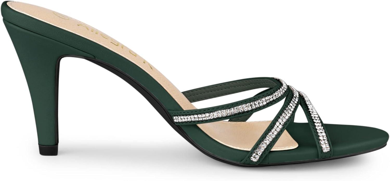 imageAllegra K Womens Open Toe Rhinestone Strappy Stiletto Heels Sandals Slip On Slip On MulesDark Green