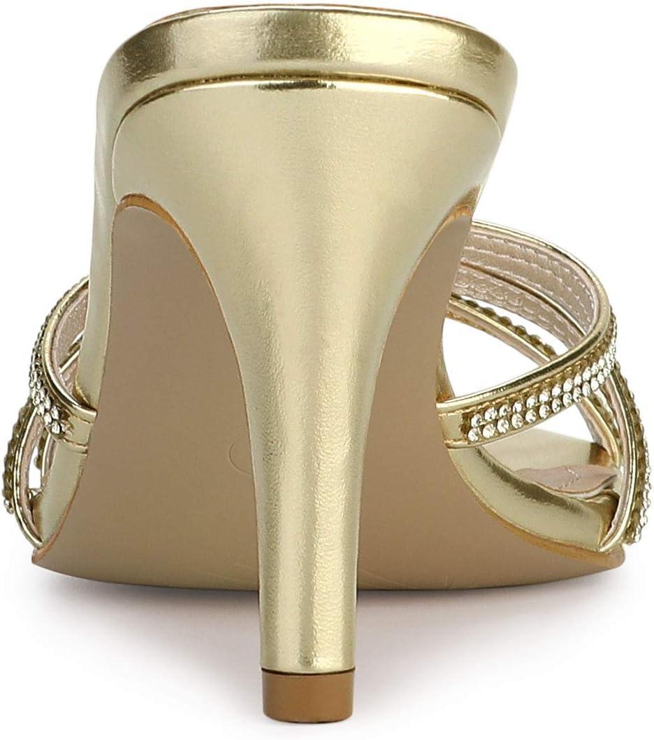 imageAllegra K Womens Open Toe Rhinestone Strappy Stiletto Heels Sandals Slip On Slip On MulesGold