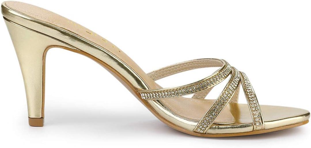 imageAllegra K Womens Open Toe Rhinestone Strappy Stiletto Heels Sandals Slip On Slip On MulesGold