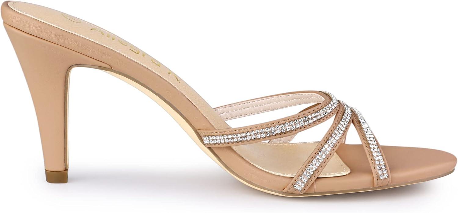 imageAllegra K Womens Open Toe Rhinestone Strappy Stiletto Heels Sandals Slip On Slip On MulesNude