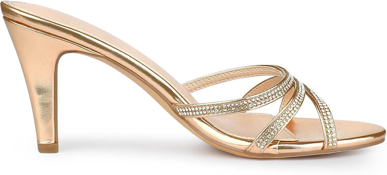 imageAllegra K Womens Open Toe Rhinestone Strappy Stiletto Heels Sandals Slip On Slip On MulesRose Gold
