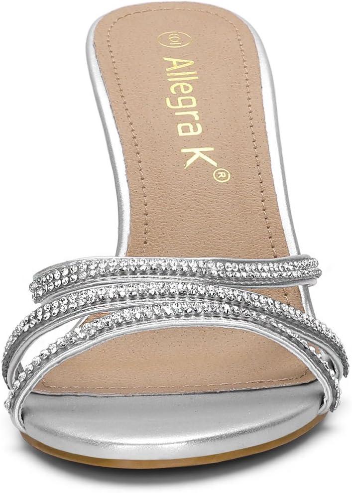 imageAllegra K Womens Open Toe Rhinestone Strappy Stiletto Heels Sandals Slip On Slip On MulesSilver