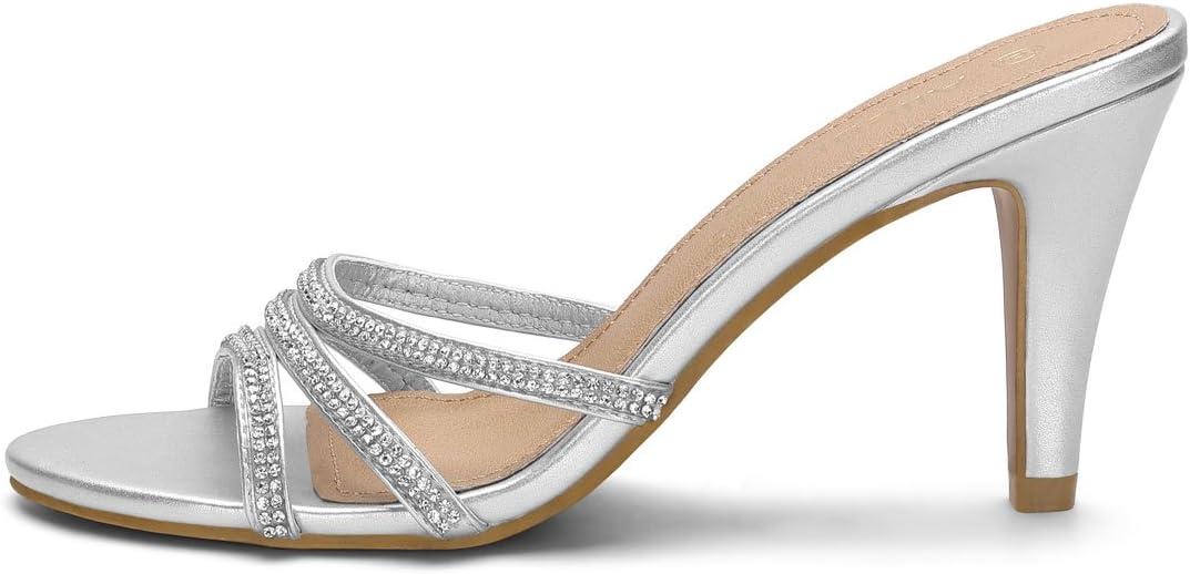 imageAllegra K Womens Open Toe Rhinestone Strappy Stiletto Heels Sandals Slip On Slip On MulesSilver