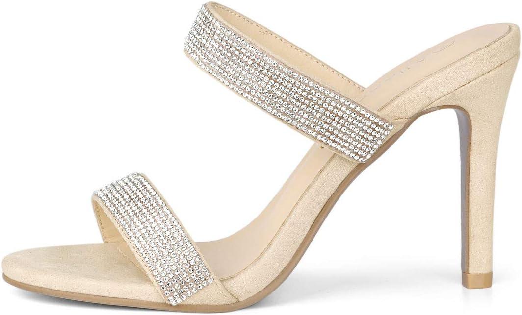 imageAllegra K Womens Open Toe Stiletto Heel Rhinestone Mules SandalsBeige