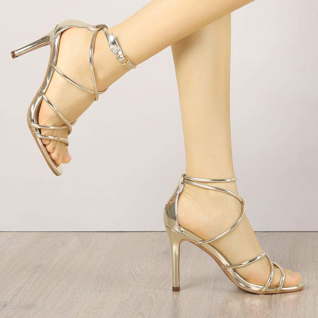 imageAllegra K Womens Open Toe Strappy Straps Stiletto Heel Gold Sandals 7 M US