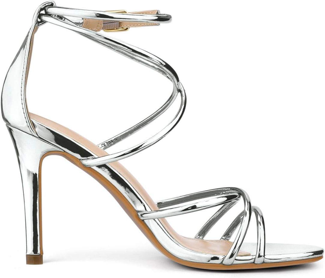 imageAllegra K Womens Open Toe Strappy Straps Stiletto Heel SandalsSilver