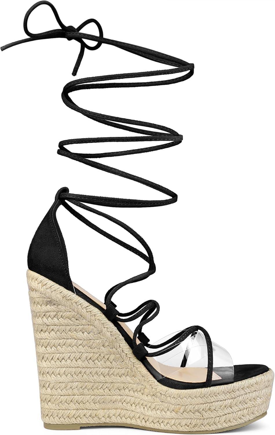 imageAllegra K Womens Platform Espadrilles Heels Clear Strap Lace Up Wedges SandalsBlack