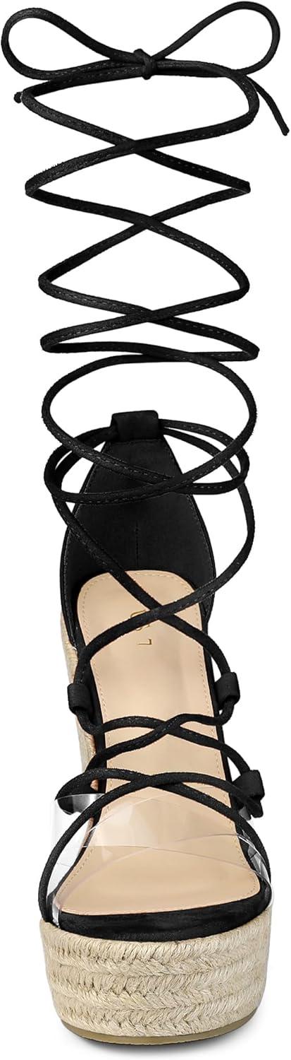 imageAllegra K Womens Platform Espadrilles Heels Clear Strap Lace Up Wedges SandalsBlack