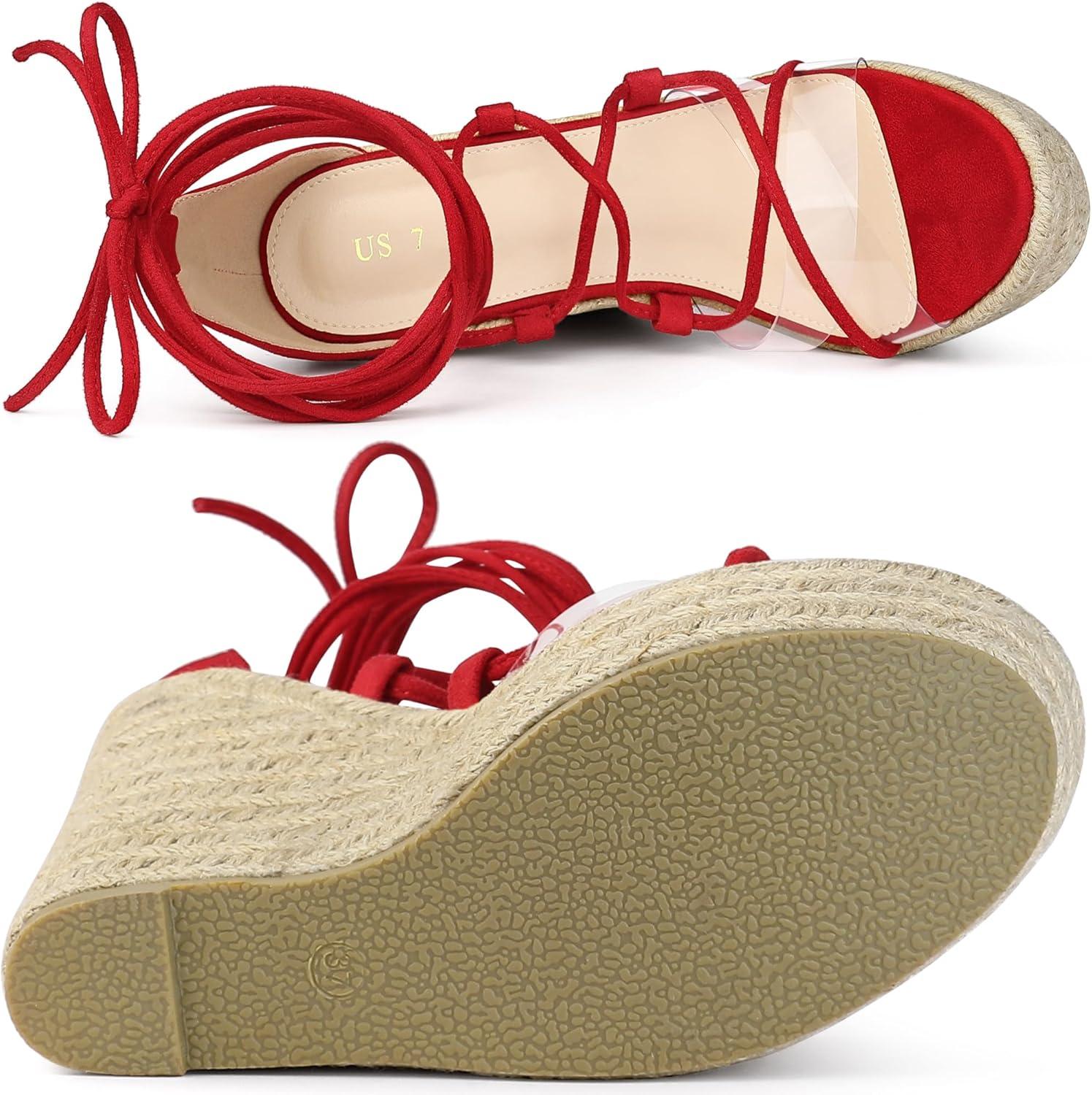 imageAllegra K Womens Platform Espadrilles Heels Clear Strap Lace Up Wedges SandalsRed