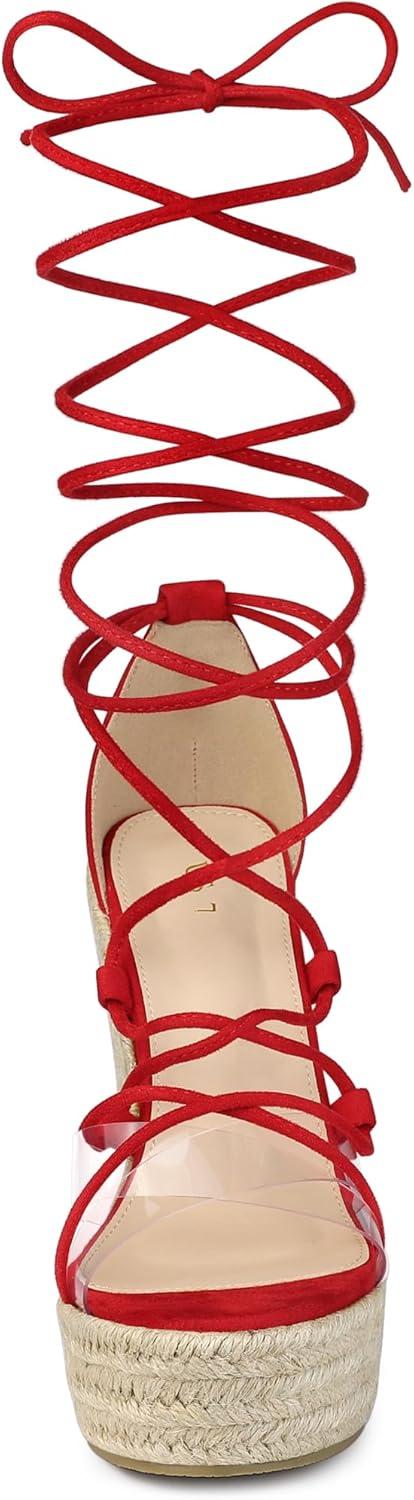 imageAllegra K Womens Platform Espadrilles Heels Clear Strap Lace Up Wedges SandalsRed