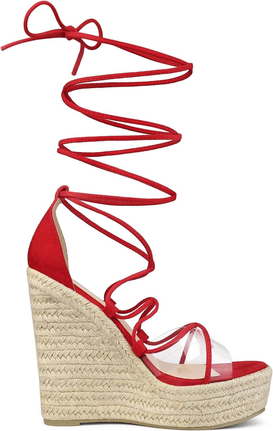 imageAllegra K Womens Platform Espadrilles Heels Clear Strap Lace Up Wedges SandalsRed