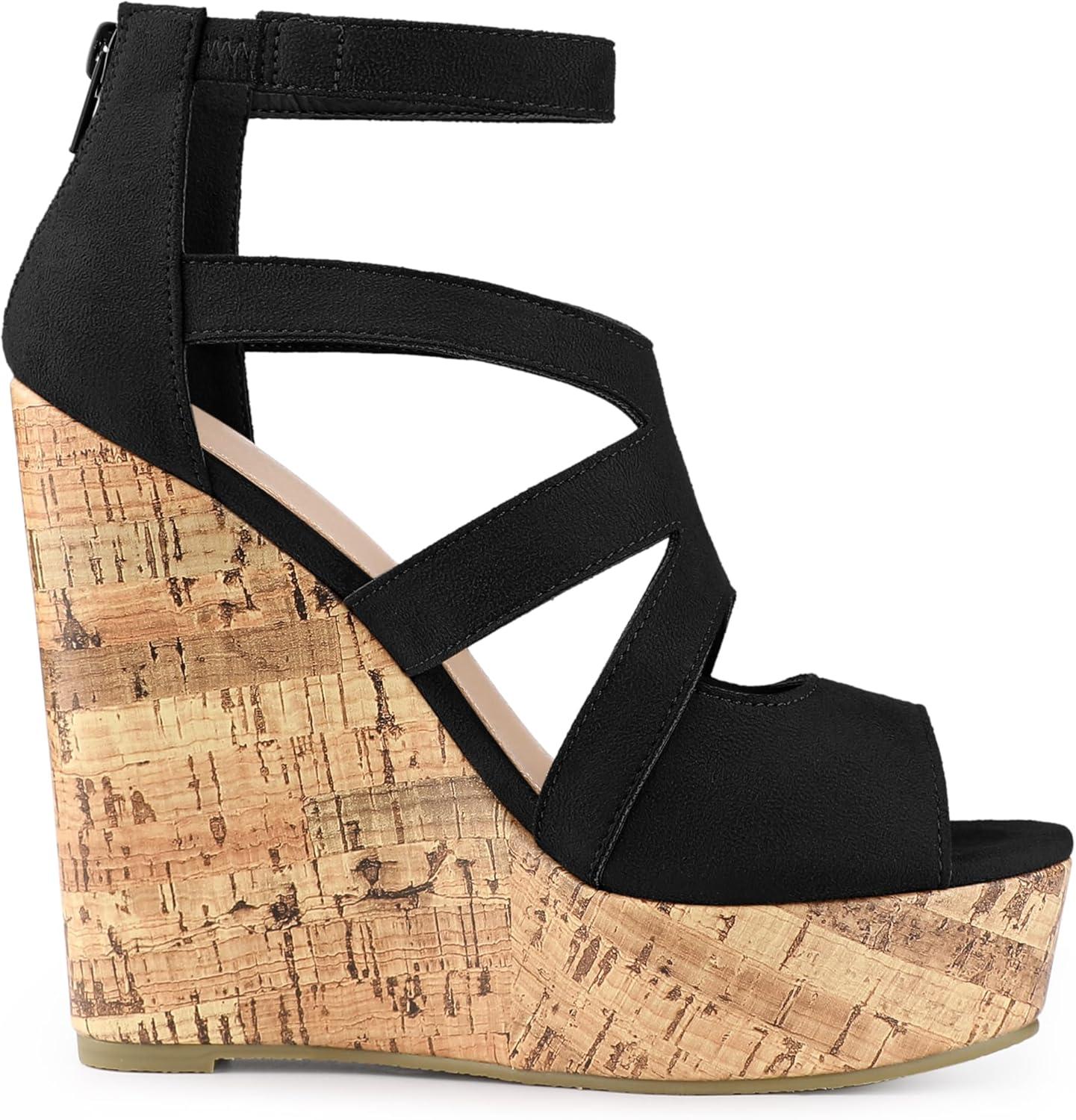 imageAllegra K Womens Platform Peep Toe Cutout Caged Cork Wedge Heel SandalsBlack