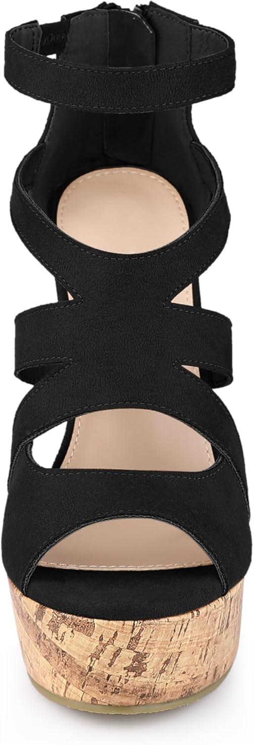 imageAllegra K Womens Platform Peep Toe Cutout Caged Cork Wedge Heel SandalsBlack