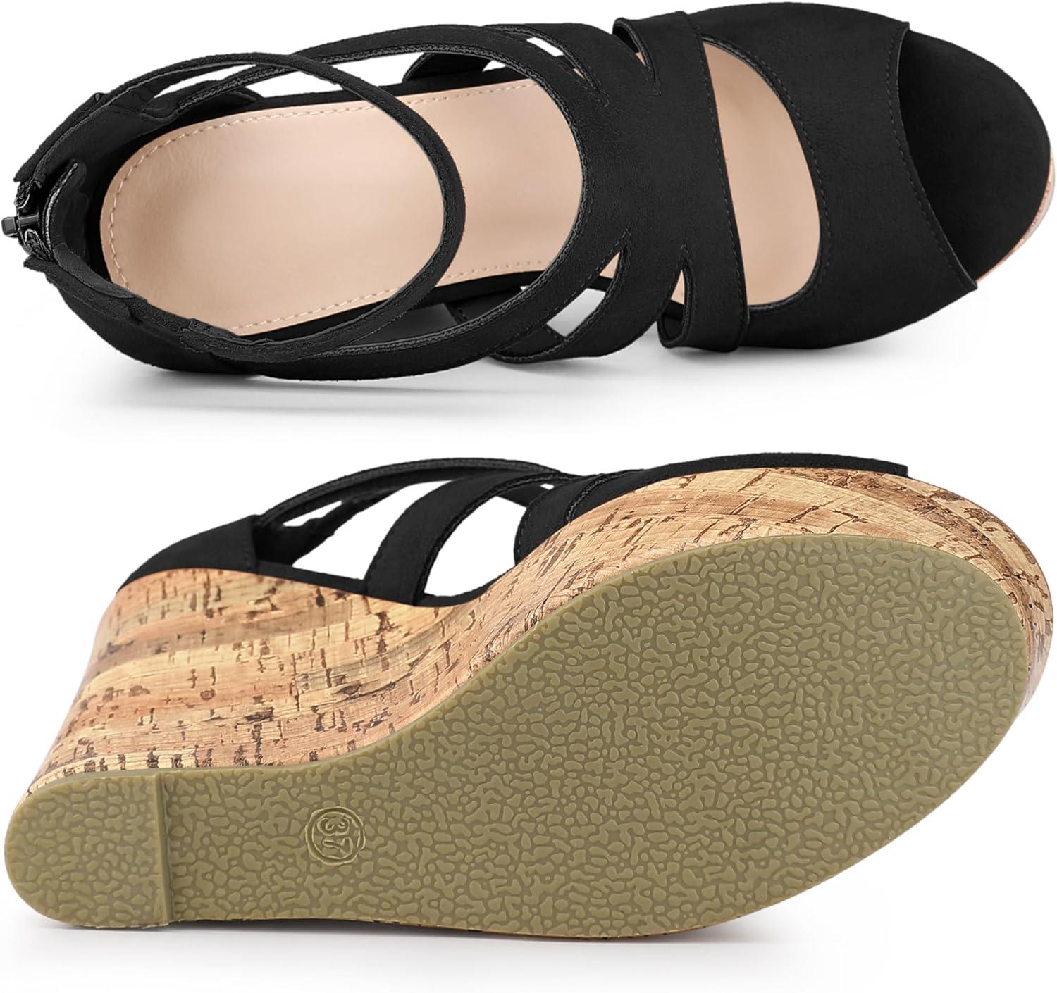 imageAllegra K Womens Platform Peep Toe Cutout Caged Cork Wedge Heel SandalsBlack