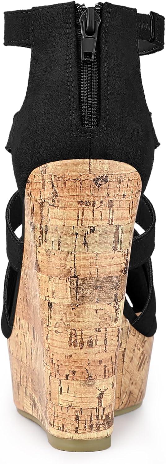 imageAllegra K Womens Platform Peep Toe Cutout Caged Cork Wedge Heel SandalsBlack