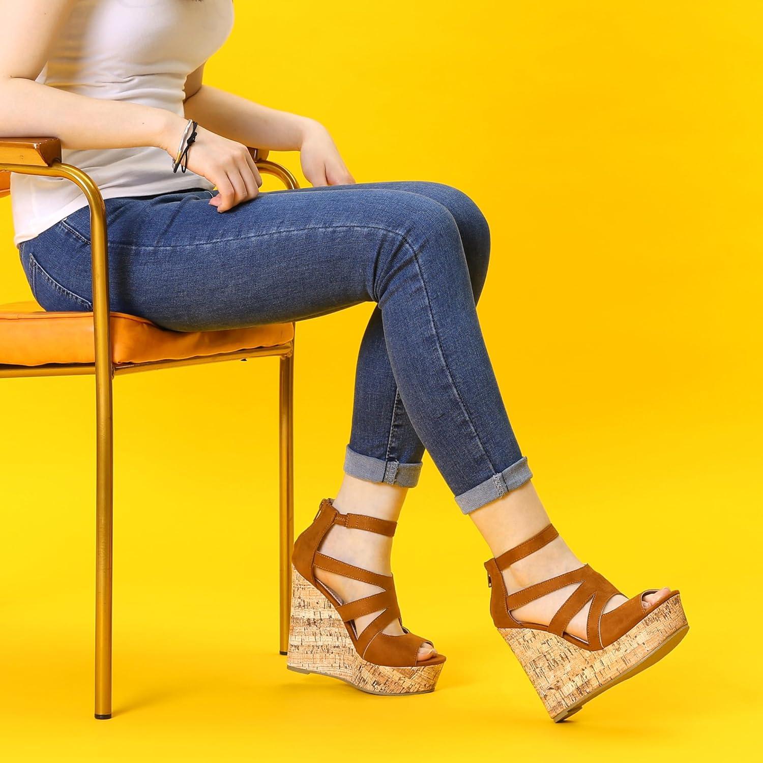 imageAllegra K Womens Platform Peep Toe Cutout Caged Cork Wedge Heel SandalsBrown