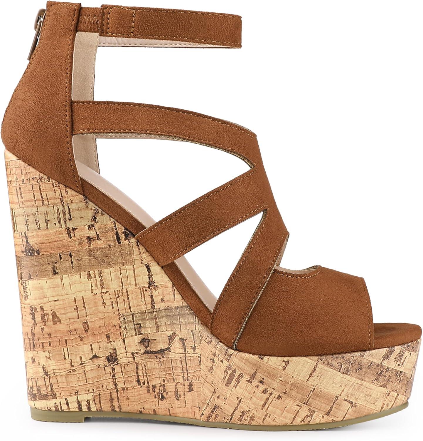 imageAllegra K Womens Platform Peep Toe Cutout Caged Cork Wedge Heel SandalsBrown
