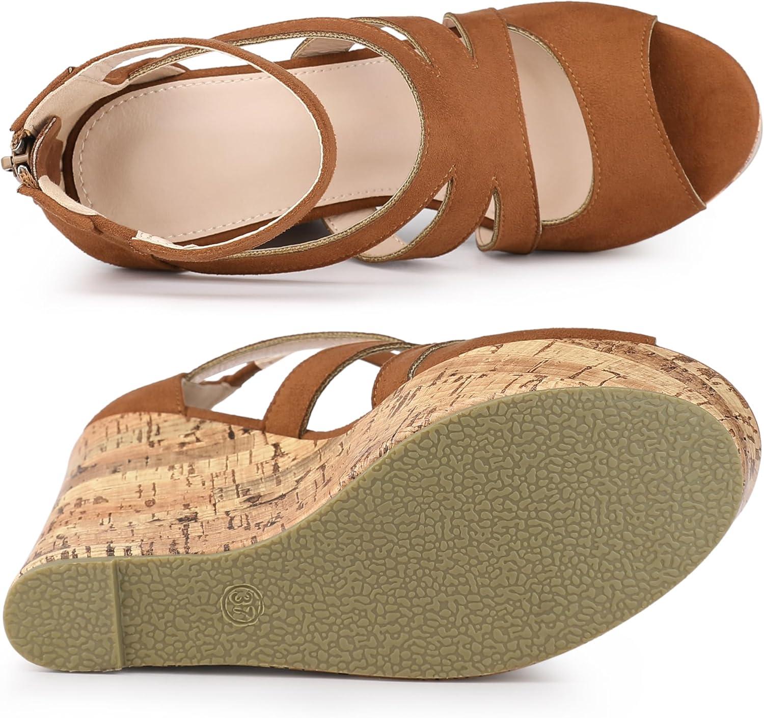 imageAllegra K Womens Platform Peep Toe Cutout Caged Cork Wedge Heel SandalsBrown